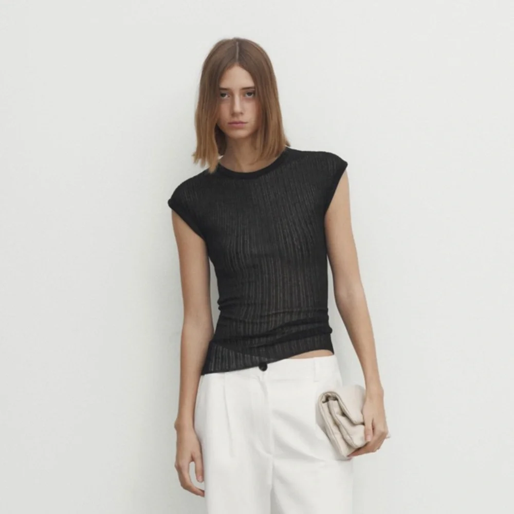 Massimo Dutti Open Knit Ribbed Crew Neck Black Top Size L NWT - Picture 2 of 11